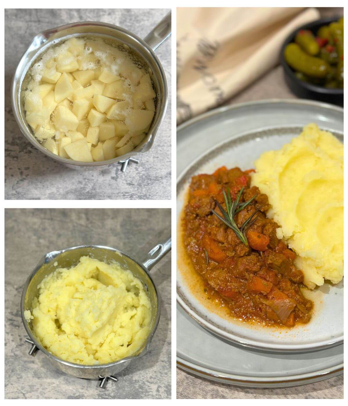 Collage showing mashed potatoes being prepared and a beautifully plated beef stew with mash.