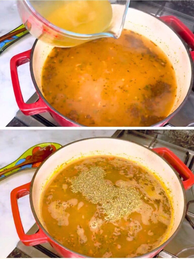 Adding bors and thyme, then simmering a bit more for Traditional Romanian Bean Soup (Ciorba De Fasole).