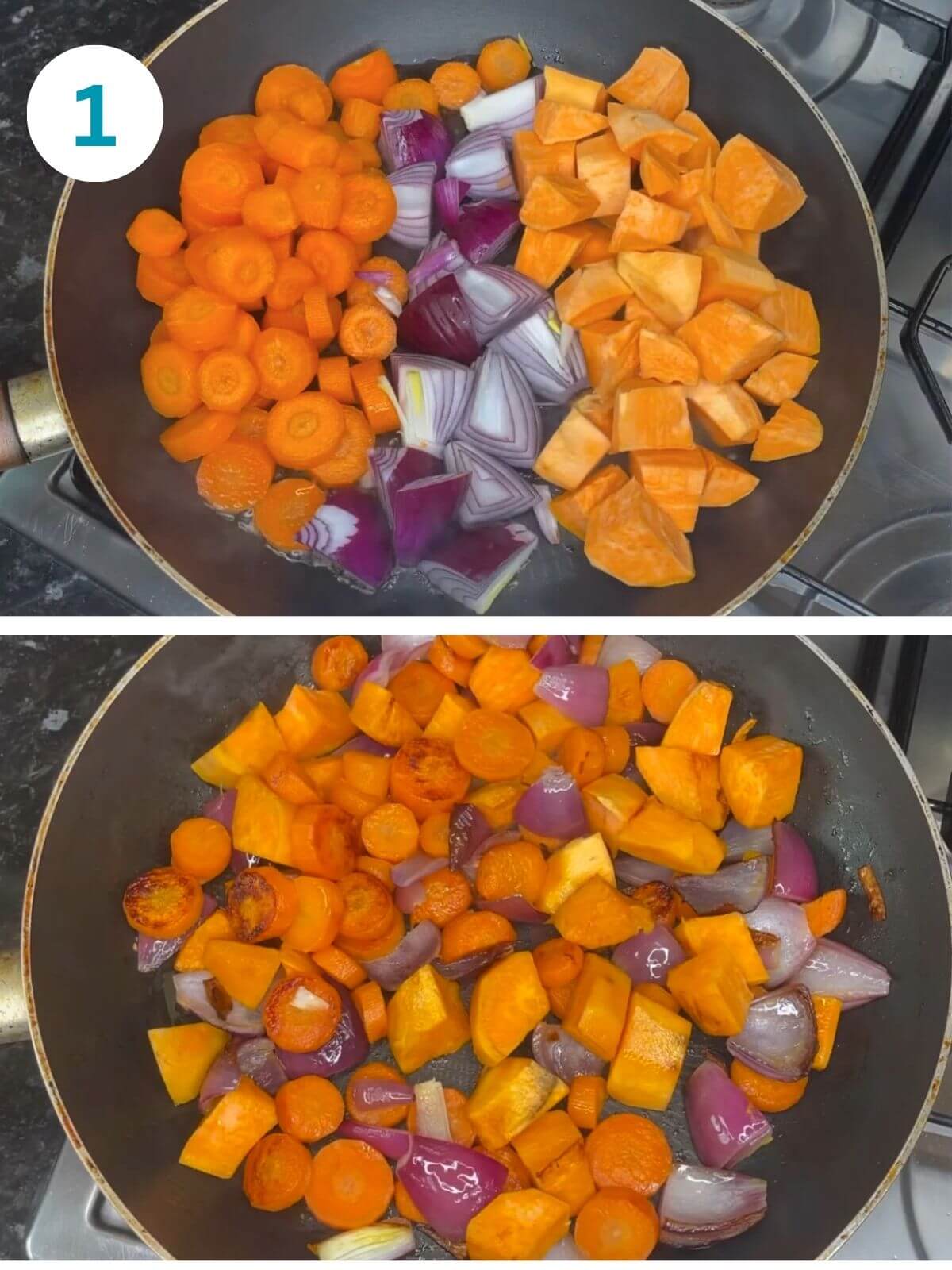 Chopped carrots, onions, and sweet potatoes cooking in a pan with olive oil.