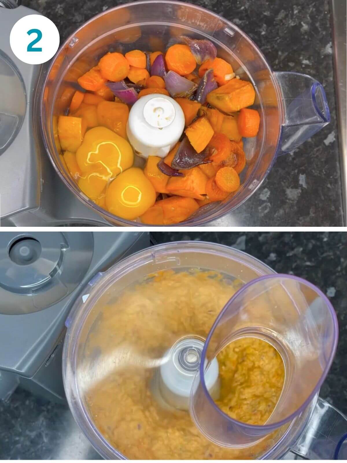 Blending cooked veggies, garlic, and eggs in a food processor until smooth.