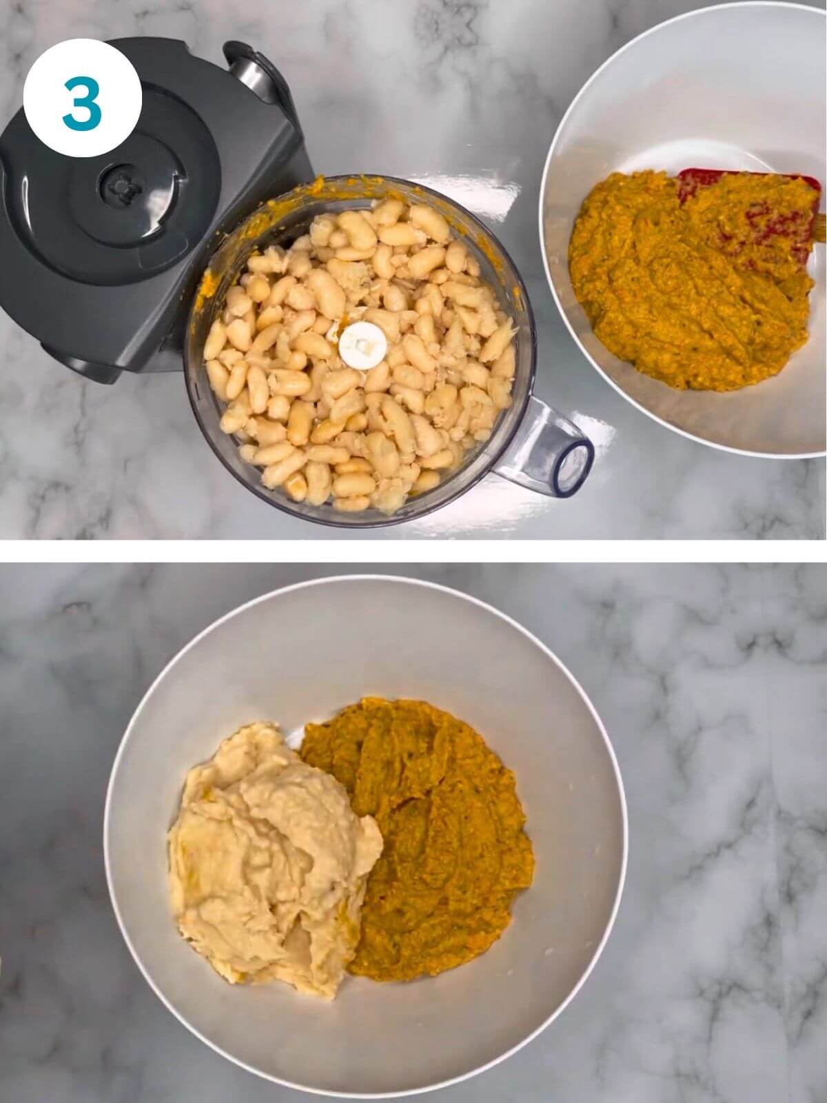 Blending cooked beans in a food processor; transferring mixture to a bowl. 