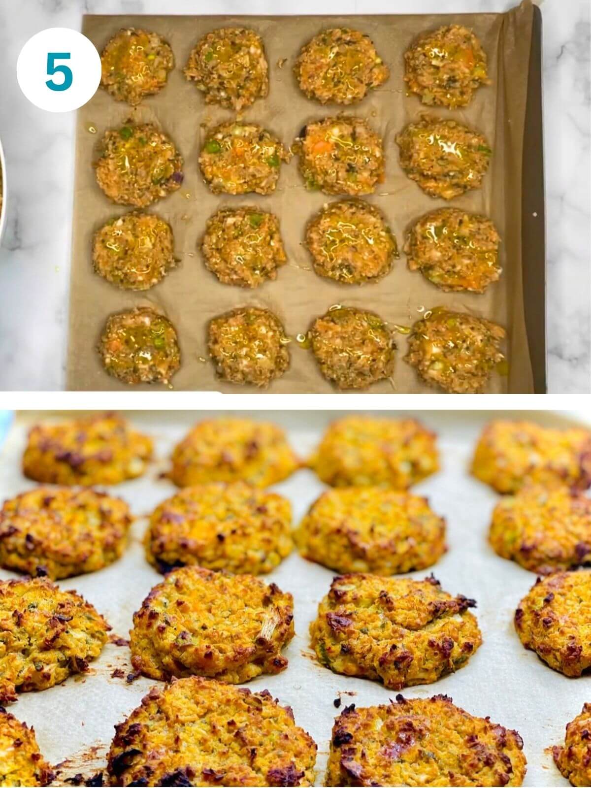 Shaped fritters and burger patties ready to bake, and golden brown fritters after baking.