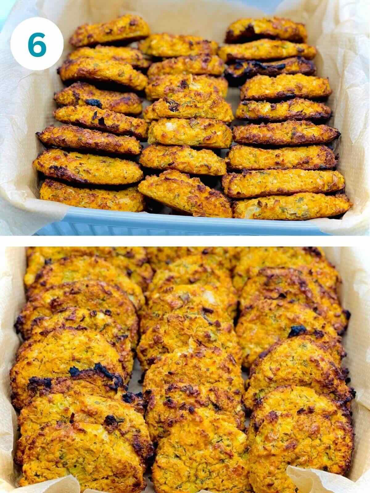 Baked fritters served in a ceramic square bowl, ready to enjoy.