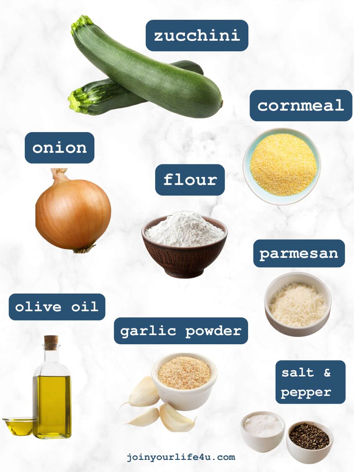 Ingredients for Zucchini Scarpaccia: olive oil, zucchini, onion, flour, cornmeal, garlic, Parmesan, salt, pepper.